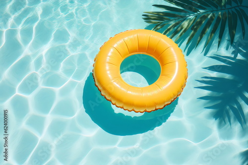 inflatable yellow ring floating on tropical pool surface in sunshine with nobody, made with generative ai