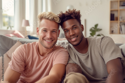 Happy multiracial gay male couple sitting in lounge room, showing love and togetherness in a diverse relationship.