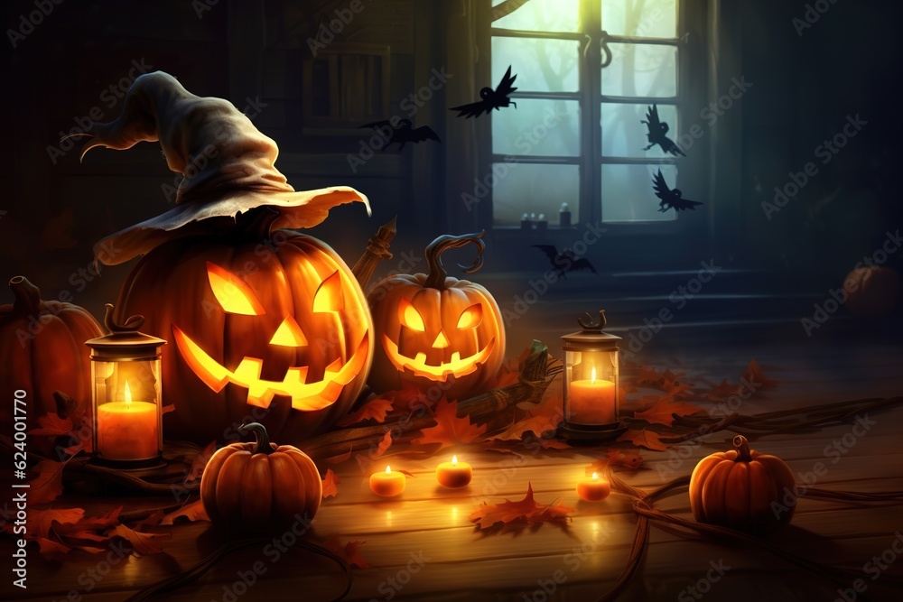 Fototapeta premium Halloween pumpkins, spooky trees and haunted house with moonlight on dark background. Generative AI