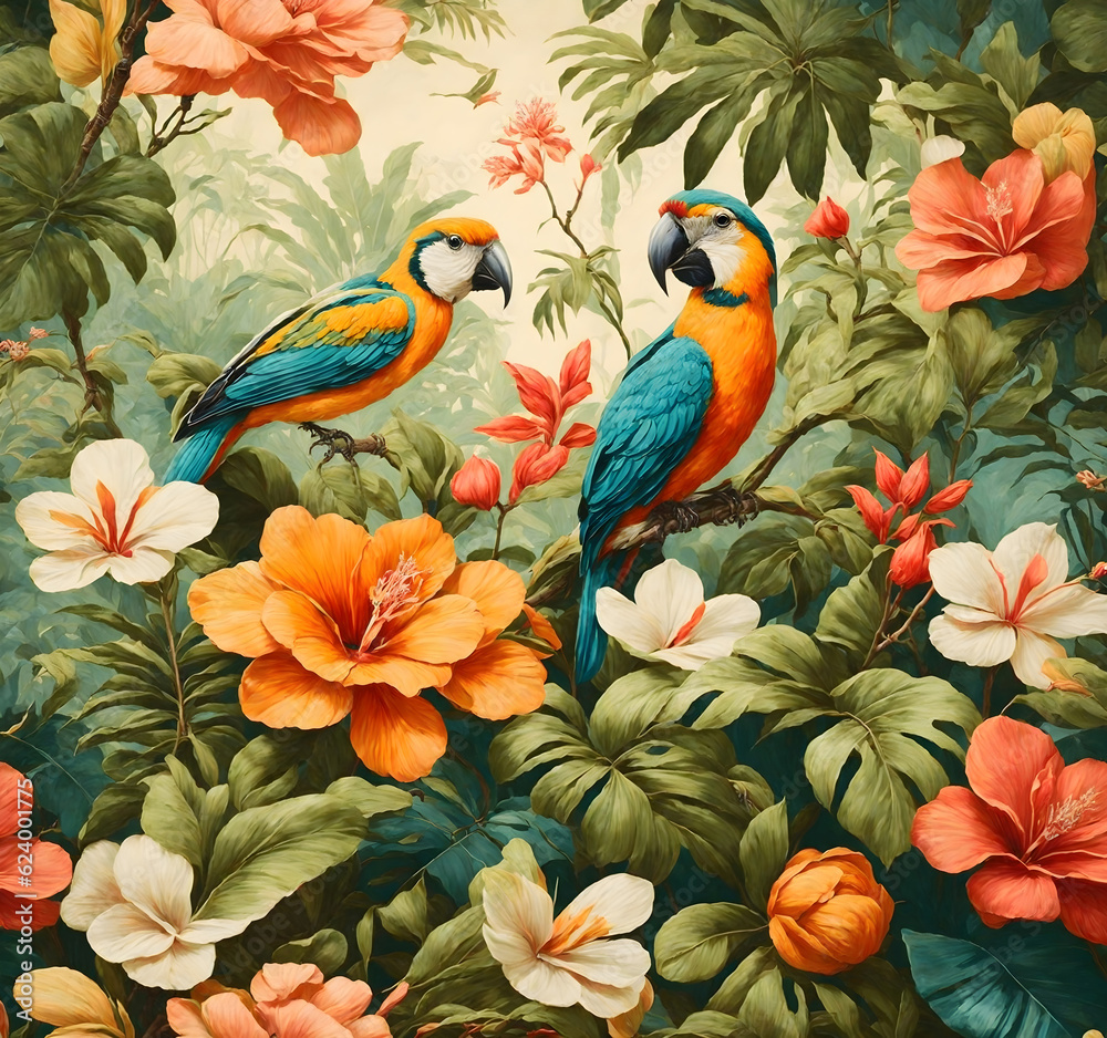 Vintage tropical exotic flowers and parrots, painting style, generative ai
