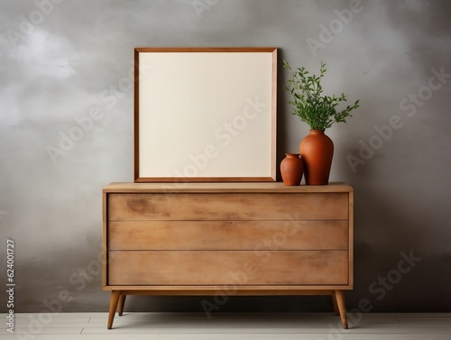 Wooden rustic chest of drawers near the wall Interior design of modern living room generative ai