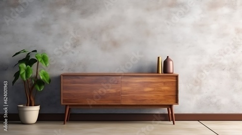Wooden rustic chest of drawers near the wall Interior design of modern living room generative ai © tanjidvect