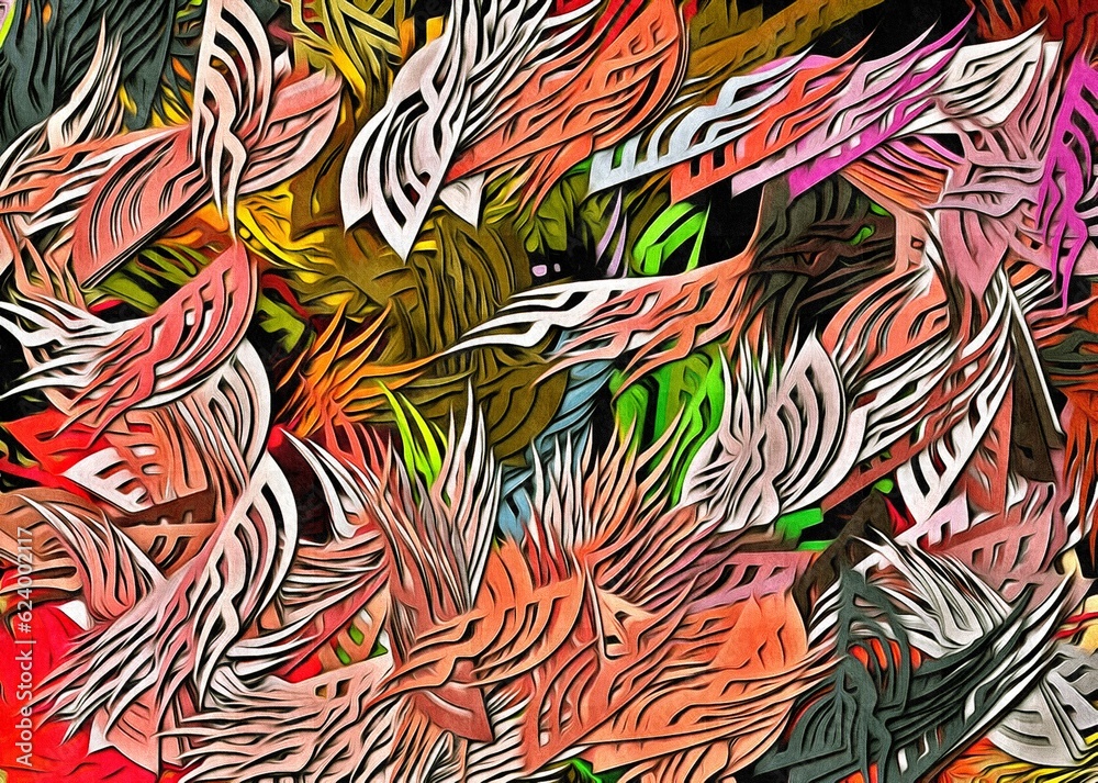 Abstract psychedelic fractal background of stylized watercolor illustration, colored chaotically blurred spots and paint strokes of different sizes and shapes