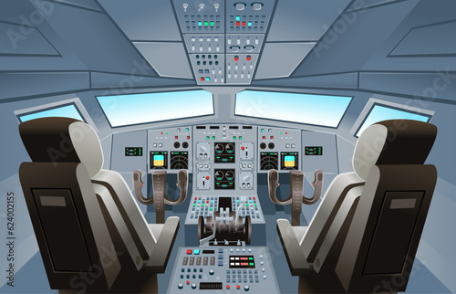Airplane cockpit view with panel buttons, dashboard control and pilot's chair. Airplane pilots cabin. Cartoon vector illustration.