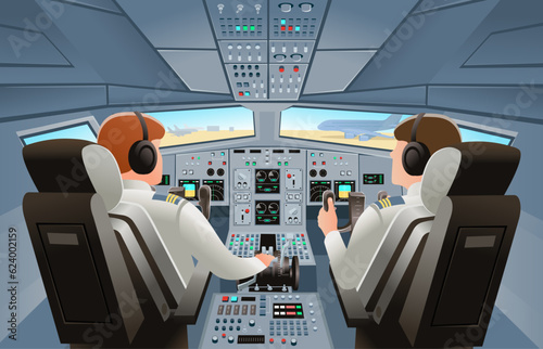 Airplane cockpit view with panel buttons, dashboard control and pilot's chair with pilots. Airplane pilots cabin. Cartoon vector illustration.
