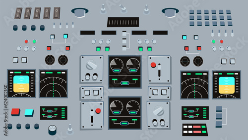 Control panel with buttons. Spaceship cockpit control panel, dashboard airplane or panel by factory. Vector cartoon illustration