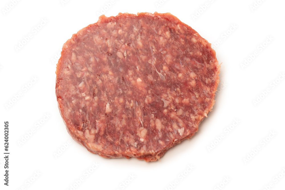 Raw minced beef isolated on white background.