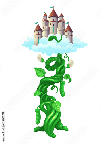 Beanstalk with castle in the clouds on the fairy tale Jack and the Beanstalk. Vector illustration in cartoon style.