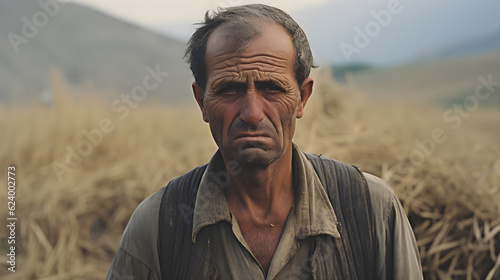 Portrait of sad farmer about his field crop failure  photo