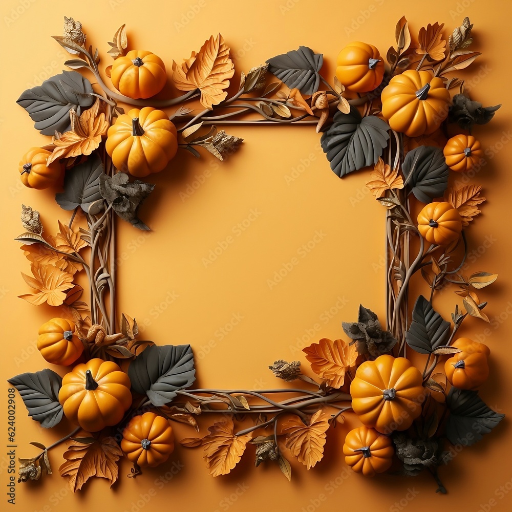 Fototapeta premium Square frame with pumpkin autumn tree on yellow orange background copy space text, 3d illustration, generative AI