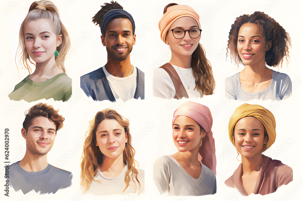 Collage of portraits and faces of smiling multiracial group of various ...