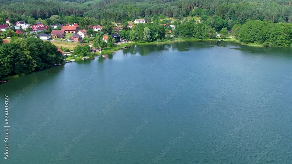 Majestic Aerial View of Calm Lake With Islands in Poland. Village Houses on Shore of Paradise Lake. Peaceful Reflected on Water. Spectacular Beautiful Lake Aerial View. Epic Amazing Nature Landscape. Majestic Aerial View of Calm Lake With Islands in Poland. Village Houses on Shore of Paradise Lake. Peaceful Reflected on Water. Spectacular Beautiful Lake Aerial View. Epic Amazing Nature Landscape.