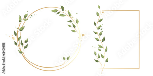 Floral frames with branches and leaves. Vector illustration in a watercolor style for Wedding invitation, a frames of green leaves and gold borders.