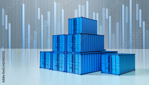 Stack of blue containers box with digital graph chart  import export business  3d rendering