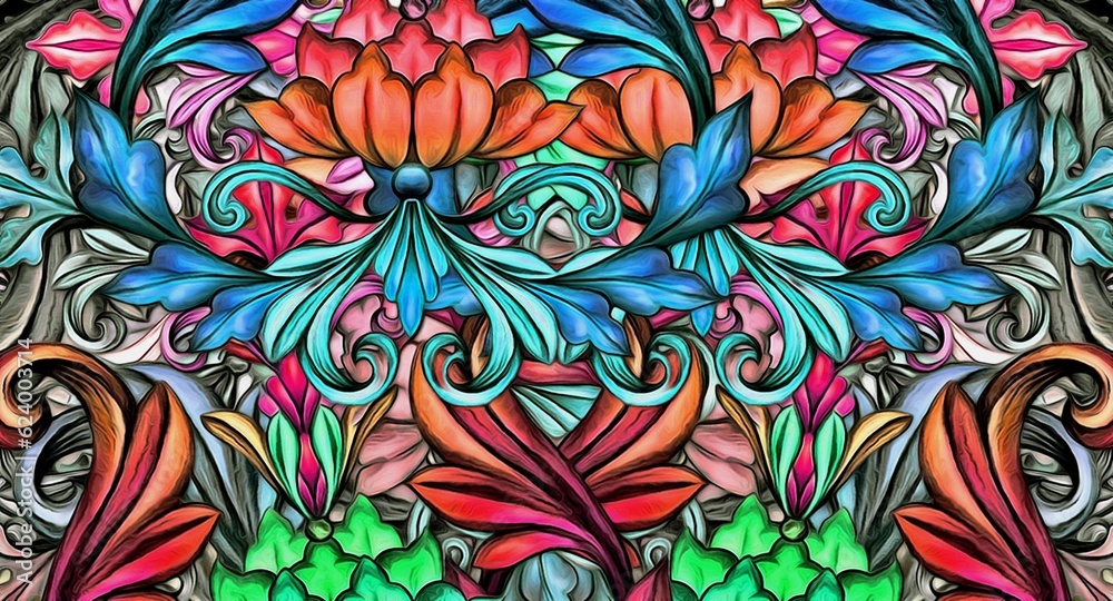 Computer graphics of abstract floral psychedelic background stylization of colored chaotic stickers in the form of leaves