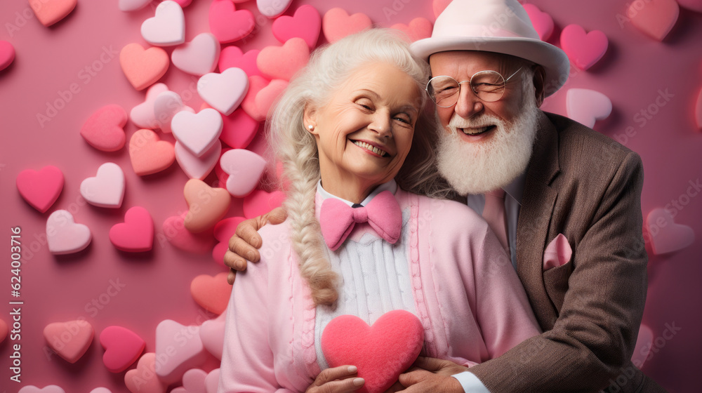 2 old people love with hearts and flowers against light blue background. Valentine love concept