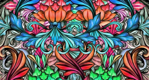 Obraz na płótnie Computer graphics of abstract floral psychedelic background stylization of colored chaotic stickers in the form of leaves w salonie