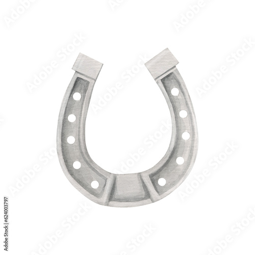 Watercolor horseshoe on a white background. Symbol of good luck and happiness. Clipart design for baby poster, sticker, fabric, nursery room decor, wrapping paper, invitation card