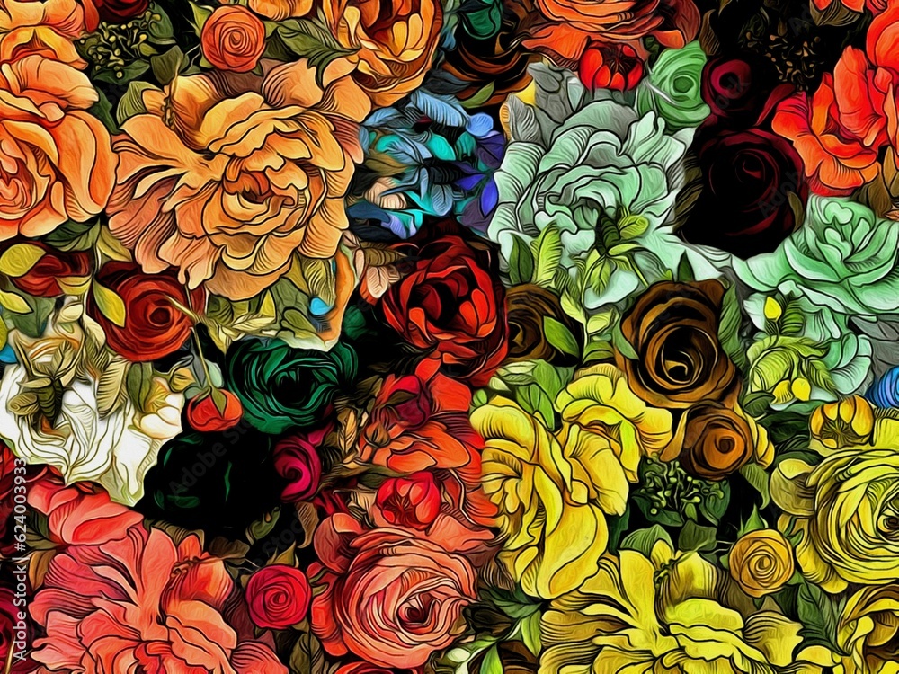Computer graphics of abstract floral psychedelic background stylization of colored chaotic stickers in the form of leaves