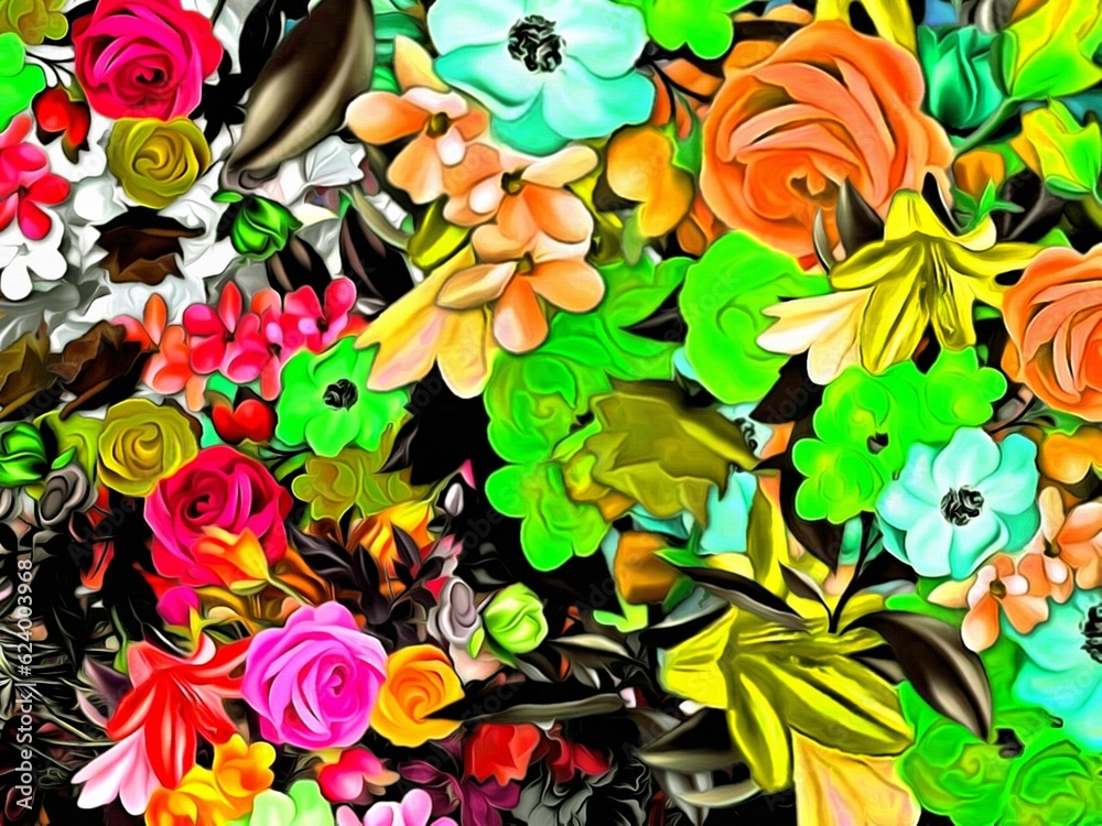 Computer graphics of abstract floral psychedelic background stylization of colored chaotic stickers in the form of leaves