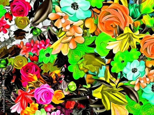 Obraz na płótnie Computer graphics of abstract floral psychedelic background stylization of colored chaotic stickers in the form of leaves w salonie