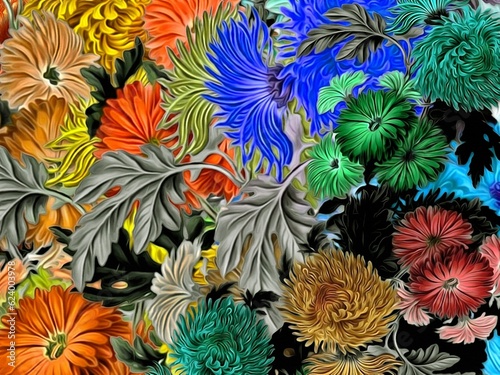 Obraz na płótnie Computer graphics of abstract floral psychedelic background stylization of colored chaotic stickers in the form of leaves w salonie