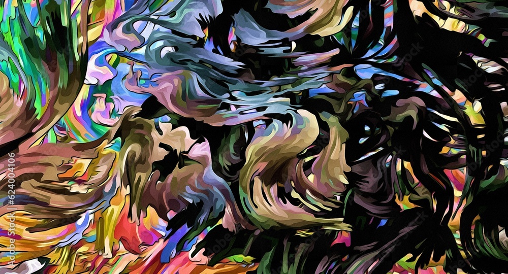 Abstract psychedelic fractal background of stylized watercolor illustration, colored chaotically blurred spots and paint strokes of different sizes and shapes