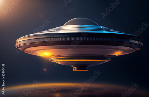 UFO flying over planet Earth. starry night sky background.  Flying saucer flies at night in sky. Invasion of extraterrestrial intelligence on an intergalactic ship. Alien abduction. Generative AI