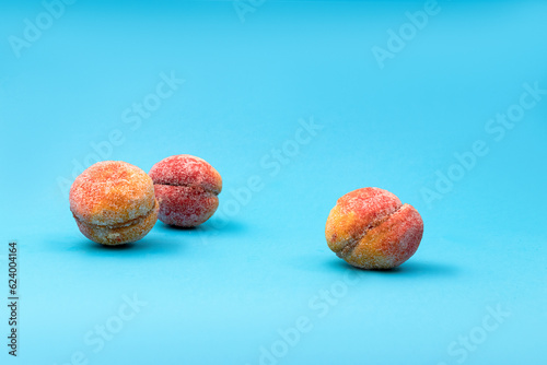 Food, donuts, sweets, custard, on a clean background, blue, banner, peach, pastries, decorative pastries, sweet, tasty, on a plate, on a plate