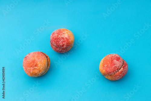Food, donuts, sweets, custard, on a clean background, blue, banner, peach, pastries, decorative pastries, sweet, tasty, on a plate, on a plate