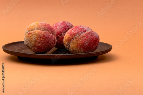 food, donuts, sweets, custard, on a clean background, brown, banner, peach, pastries, decorative pastries, sweet, tasty, on a plate,