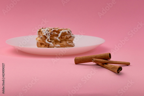 Food, donuts, sweets, custard, on a clean background, pink, banner, peach, pastries, decorative pastries, sweet, tasty, on a plate,