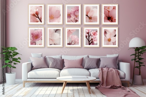 modern wall in a living room with many identical rectangle picture frames  ornate  flowers  fresh