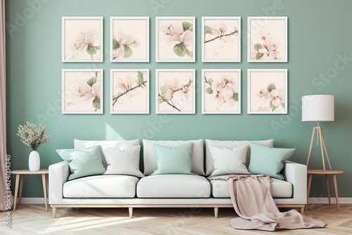 modern wall in a living room with many identical rectangle picture frames, ornate, flowers, fresh © JetHuynh