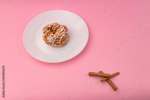 Food, donuts, sweets, custard, on a clean background, pink, banner, peach, pastries, decorative pastries, sweet, tasty, on a plate,