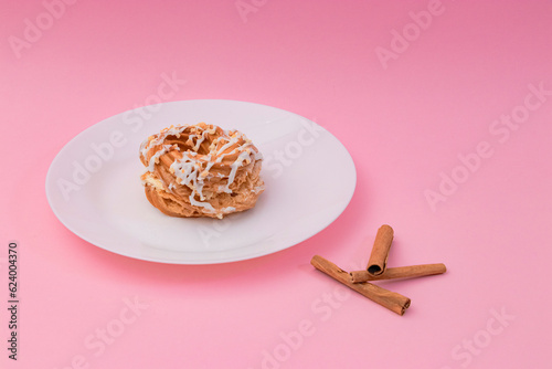 Food, donuts, sweets, custard, on a clean background, pink, banner, peach, pastries, decorative pastries, sweet, tasty, on a plate,