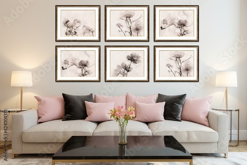 modern wall in a living room with many identical rectangle picture frames  ornate  flowers  fresh