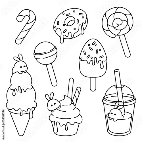 Cute Kawaii Sweets.  Vector line art clipart set in kawaii style depicting sweets, ice cream, lollipops, donuts, milkshake, cupcake. Black line on an isolated cut out background.