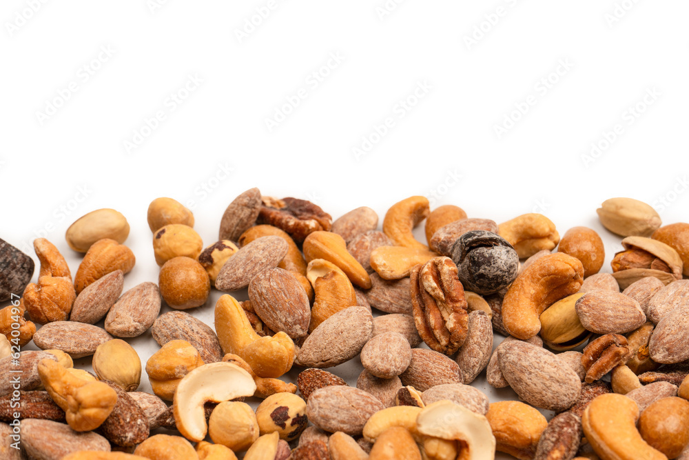 A group of almonds, pistachios, walnuts, macadamia, cashews. A group of almonds, pistachios, walnuts, macadamia, cashews.