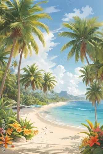 Tropical Paradise  A Serene Oasis of Palms and Sandy Beach. Made with Generative AI