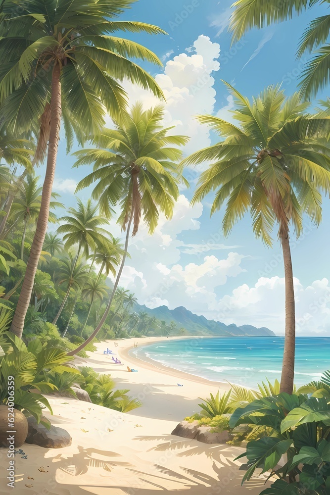 Fototapeta premium Paradise Found: Palm Trees and Pristine Beaches Await, made with Generative AI