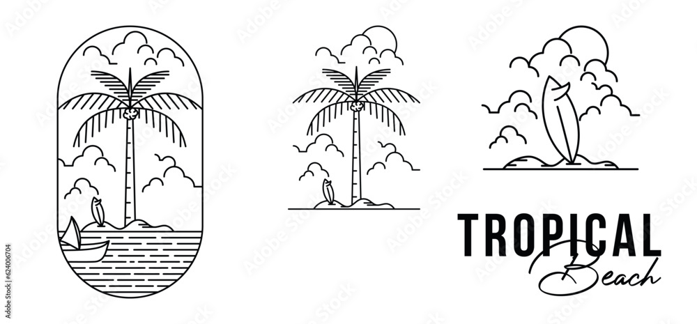 Set Bundle Tropical Beach Art Illustrations Logo. Palm, Boat, Surf Line art.