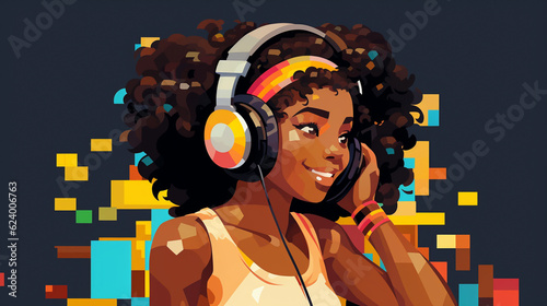 Pixelated cartoon portrait of a young female woman of color acting as DJ and listening to music in headphones
