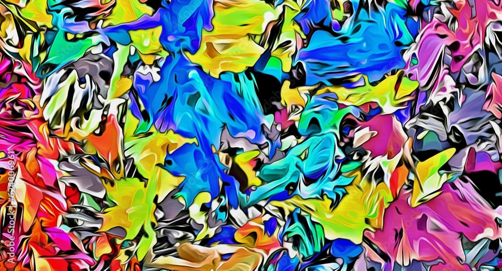 Abstract psychedelic fractal background of stylized watercolor illustration, colored chaotically blurred spots and paint strokes of different sizes and shapes