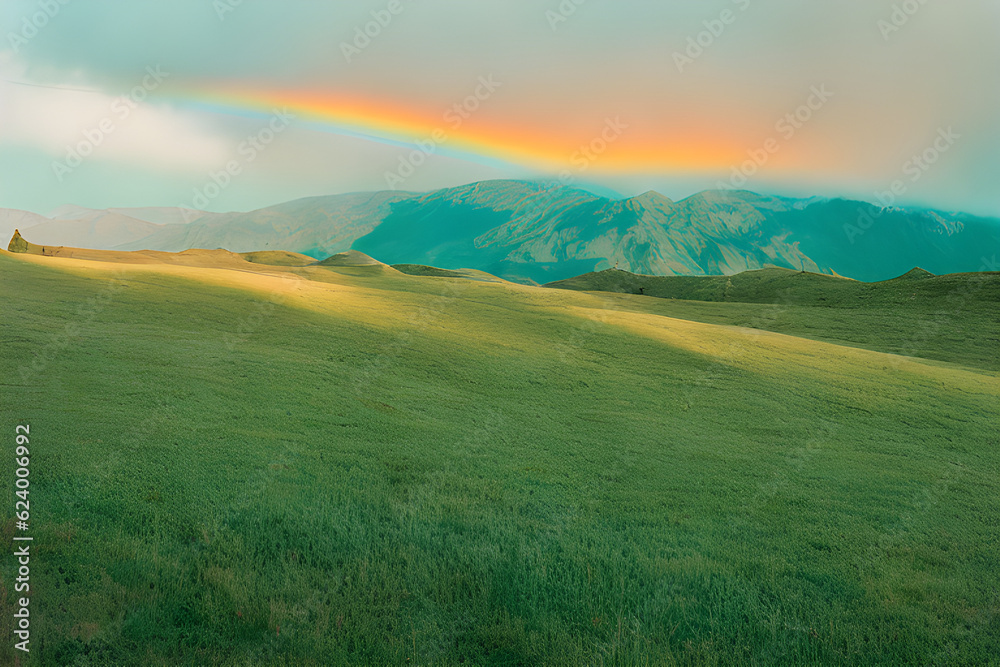 Beautiful view with rainbow in green mountain meadow. Generative AI.