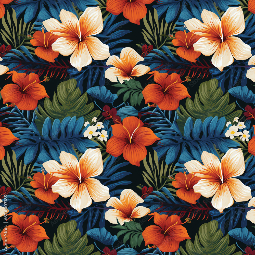 Lush Tropical Leaves and Floral Seamless Pattern - Nature-Inspired Design, 300 DPI, 12x12 inc