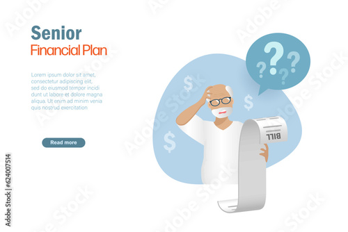 Senior man holding financial bill with confusing manner. Elderly people and financial planning concept.