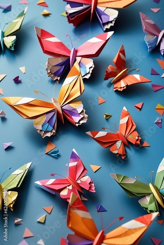 Colorful delicate origami butterfly flies gracefully in the wind.
