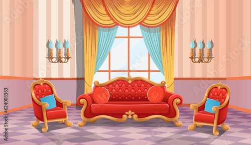 luxurious baroque interior with vintage red sofa and armchairs. Living room in the castle, hotel hall. King luxury room. Cartoon vector illustration