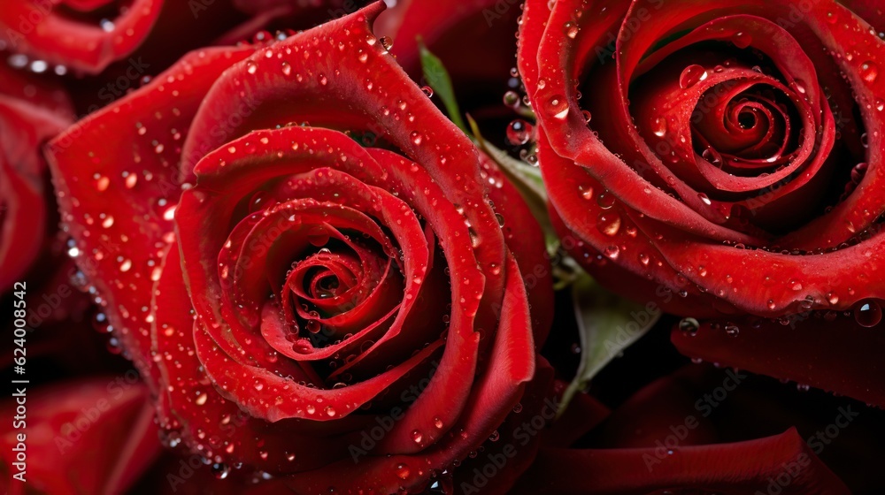 Red Roses flowers with water drops background. Closeup of blossom with glistening droplets. Generative AI Red Roses flowers with water drops background. Closeup of blossom with glistening droplets. Generative AI